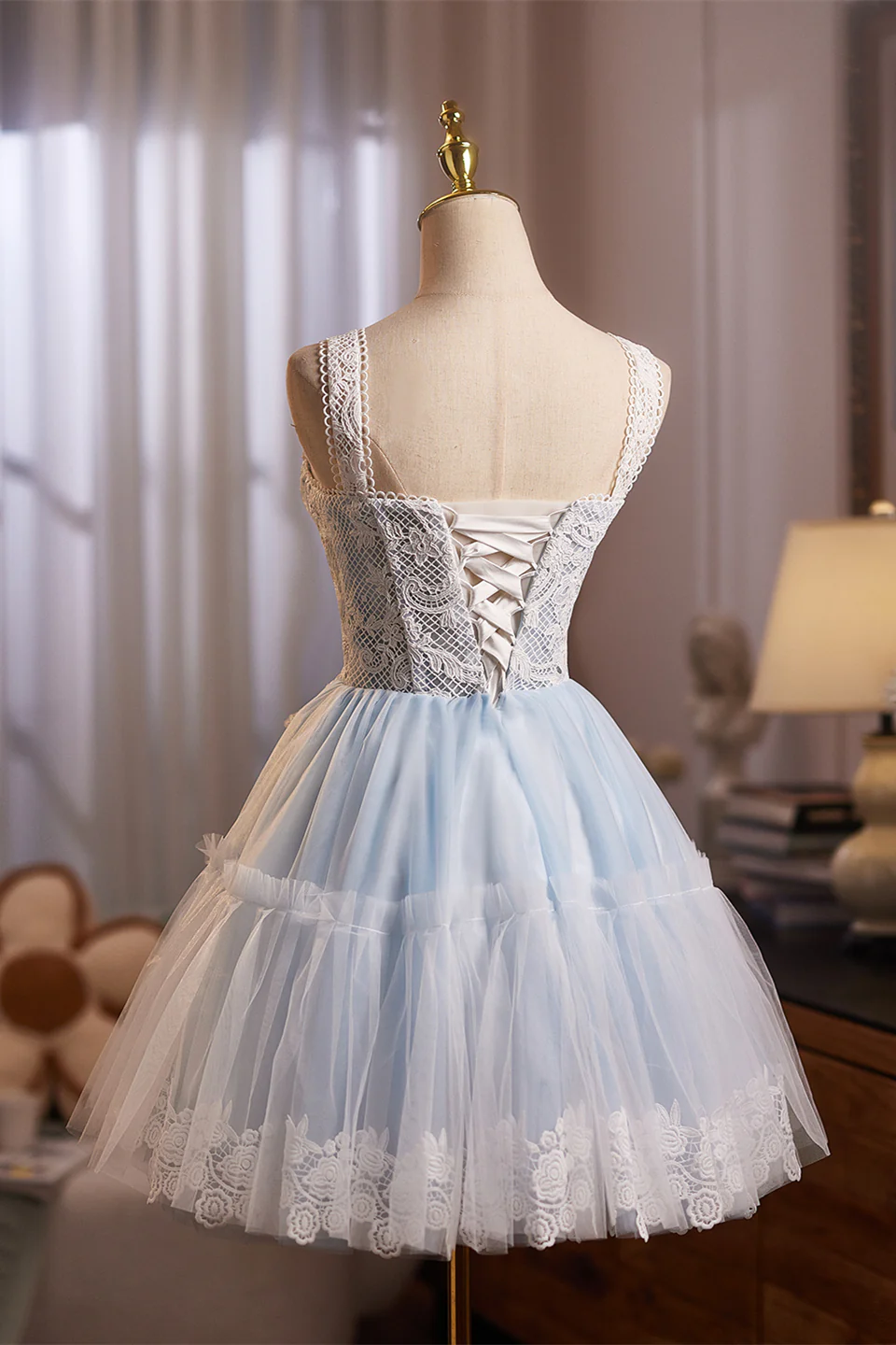 Square Neck Blue Lace Stitching Short Dress - Image 2