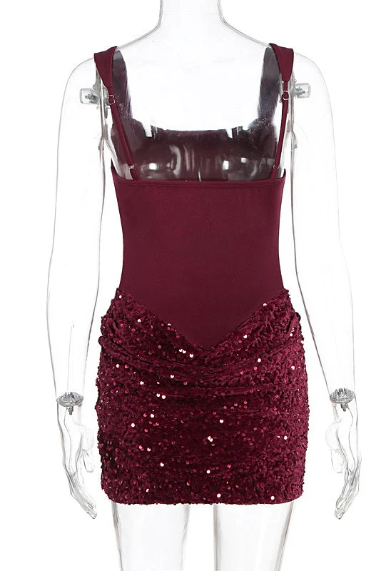Square Neck Burgundy Sequin Ruched Mini Dress - Image 2