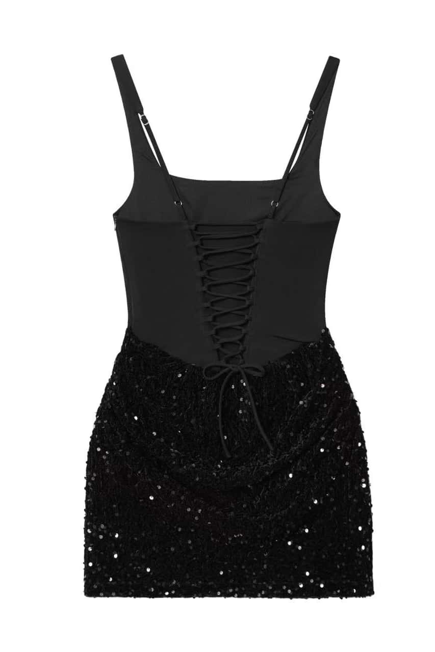 Square Neck Burgundy Sequin Ruched Mini Dress - Image 5