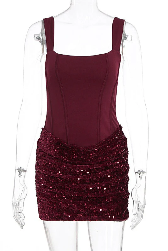 Square Neck Burgundy Sequin Ruched Mini Dress - Image 6