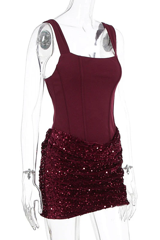 Square Neck Burgundy Sequin Ruched Mini Dress - Image 7