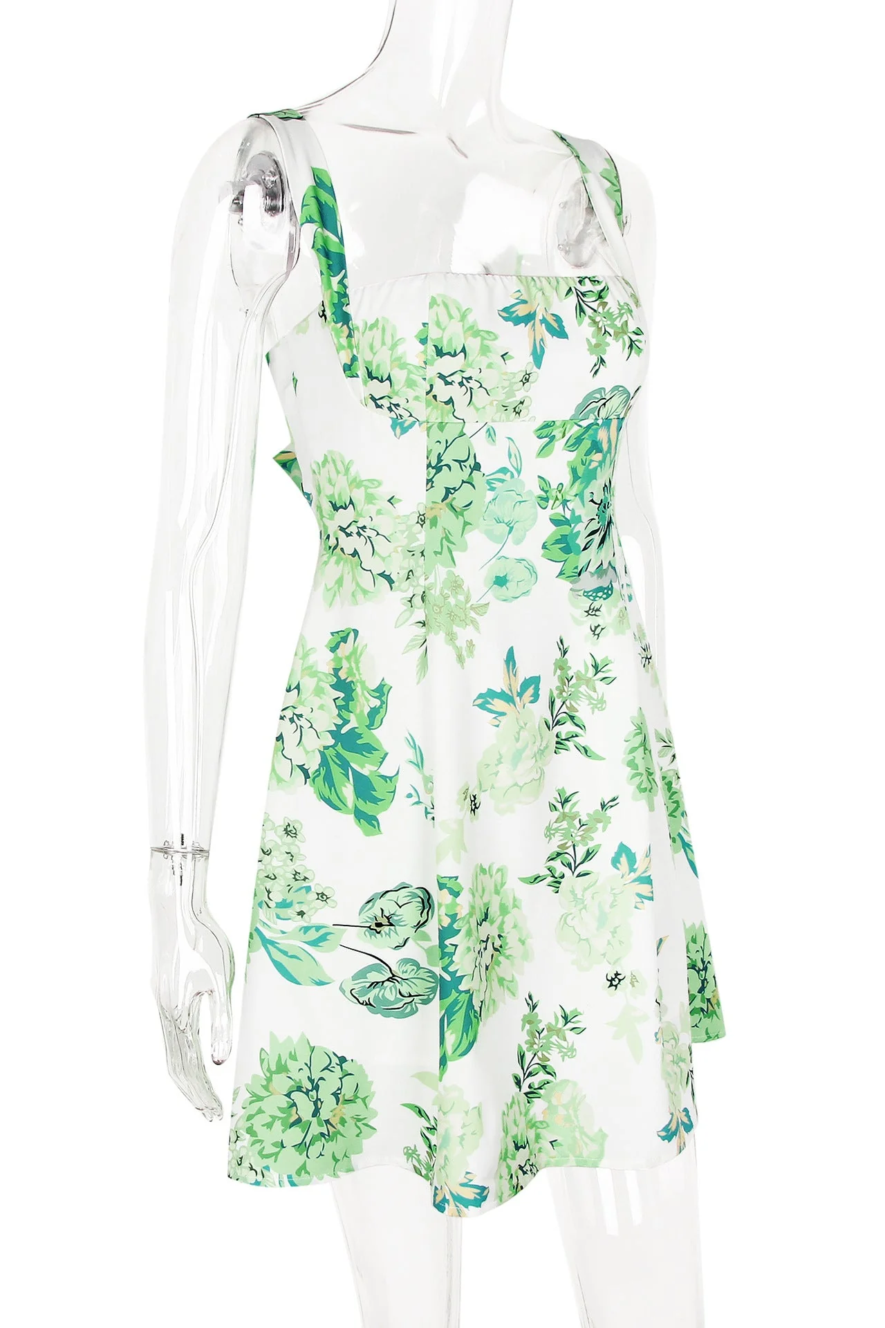 Square Neck Green Floral A-line Short Dress - Image 3