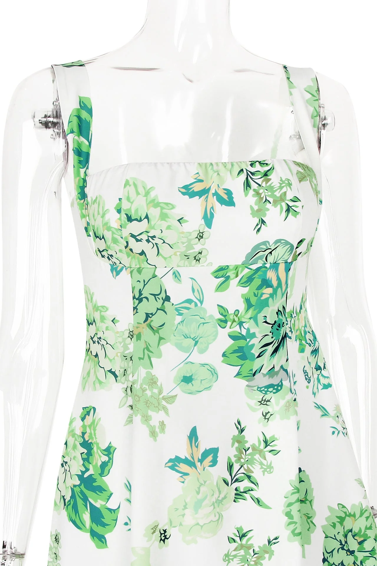 Square Neck Green Floral A-line Short Dress - Image 4