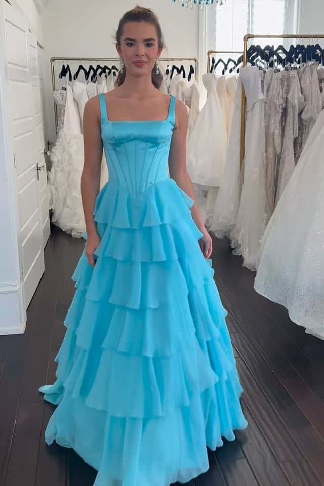 Square Neck Lavender Corset Ruffle Prom Dress - Image 7