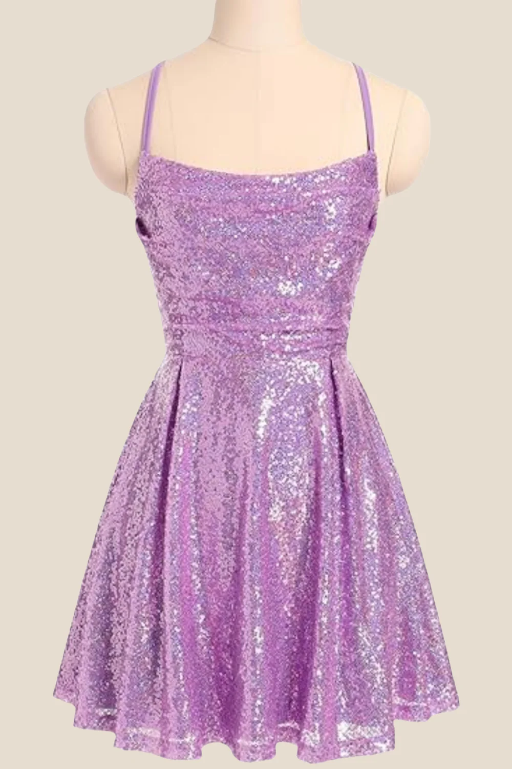 Square Neck Lilac Ruched Sequin Short Dress - Image 3