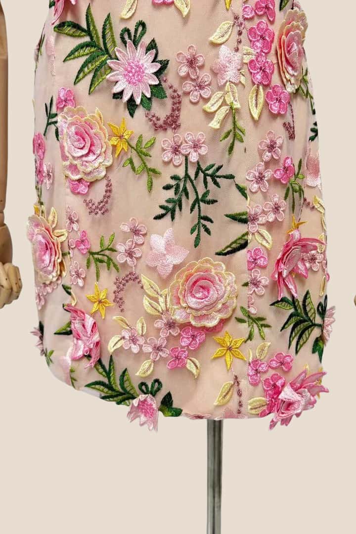 Square Neck Pink 3D Floral A-line Short Dress - Image 4