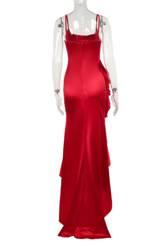Square Neck Red Ruffle Long Dress - Image 2