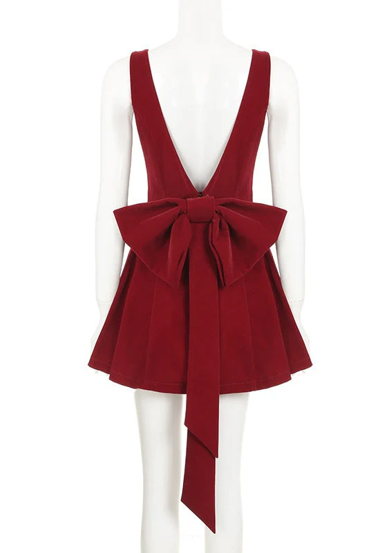 Square Neck Red Velvet A-line Short Dress - Image 2