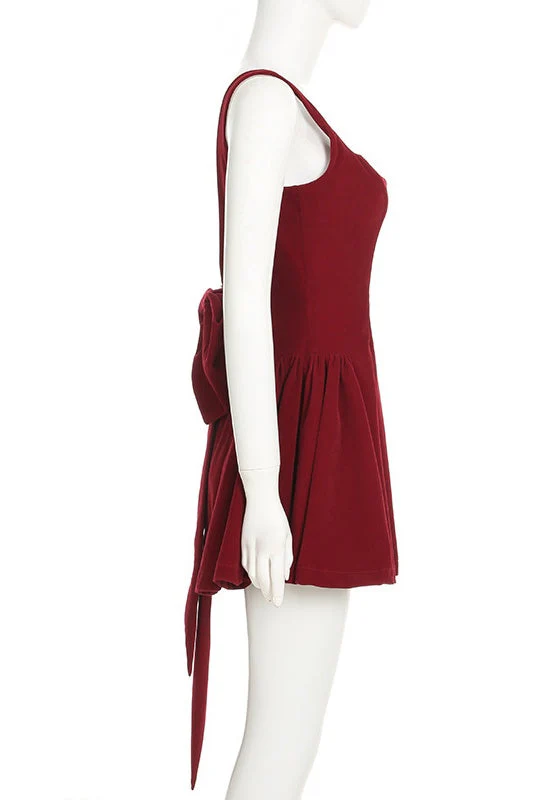 Square Neck Red Velvet A-line Short Dress - Image 3