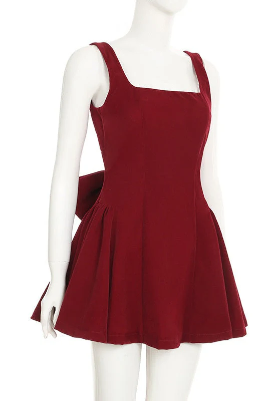 Square Neck Red Velvet A-line Short Dress - Image 4