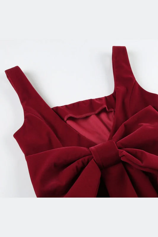 Square Neck Red Velvet A-line Short Dress - Image 6