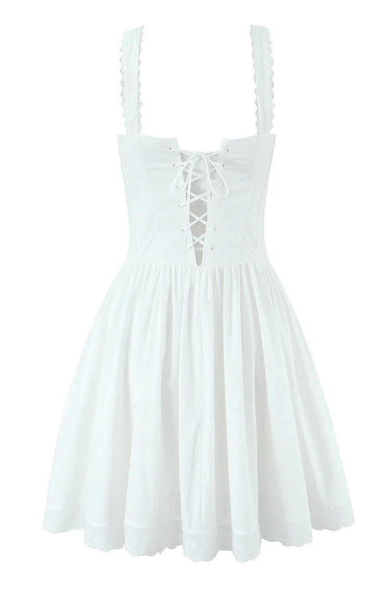 Square Neck White Lace Hem Short Dress - Image 2
