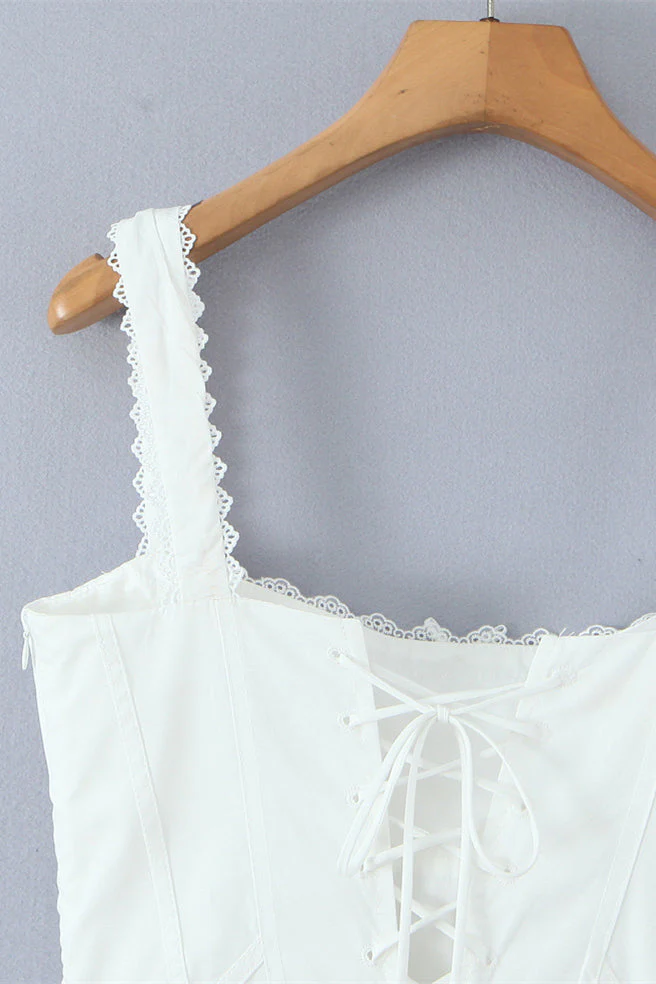 Square Neck White Lace Hem Short Dress - Image 6