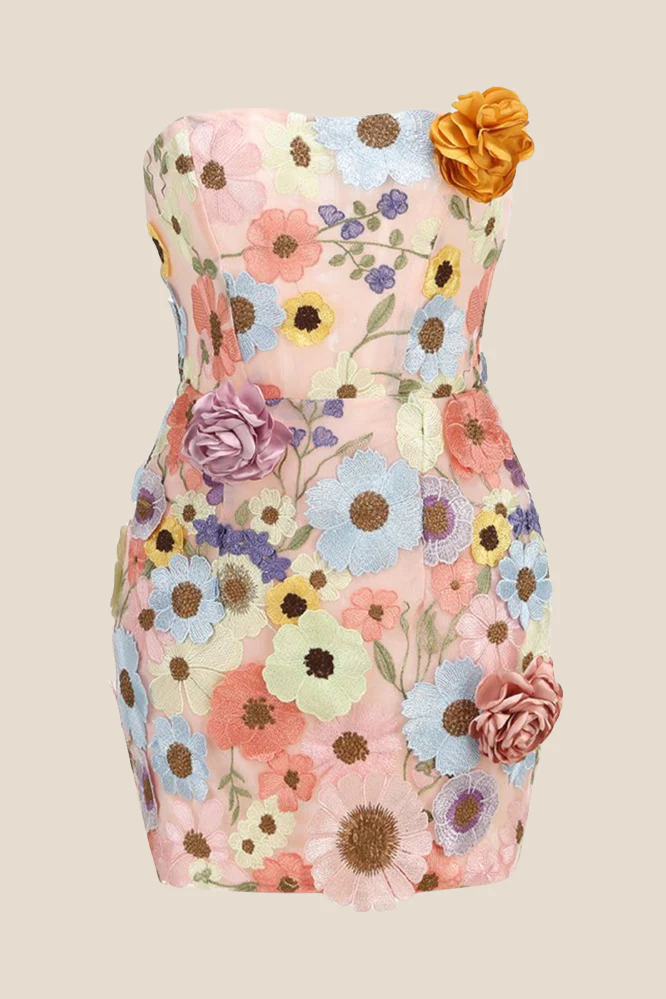 Strapless Black Appliques Short Dress with 3D Floral - Image 13