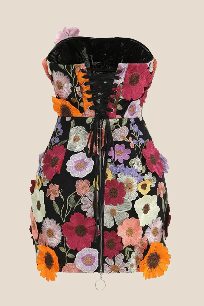 Strapless Black Appliques Short Dress with 3D Floral - Image 2