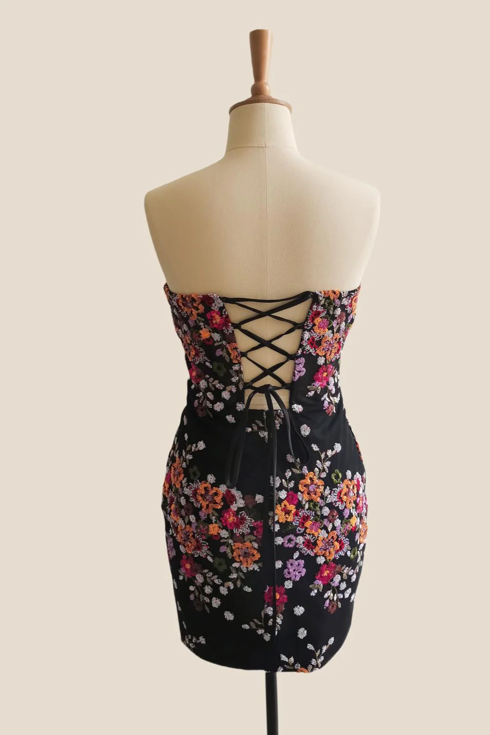 Strapless Black Floral Sequin Tight Short Party Dress - Image 2