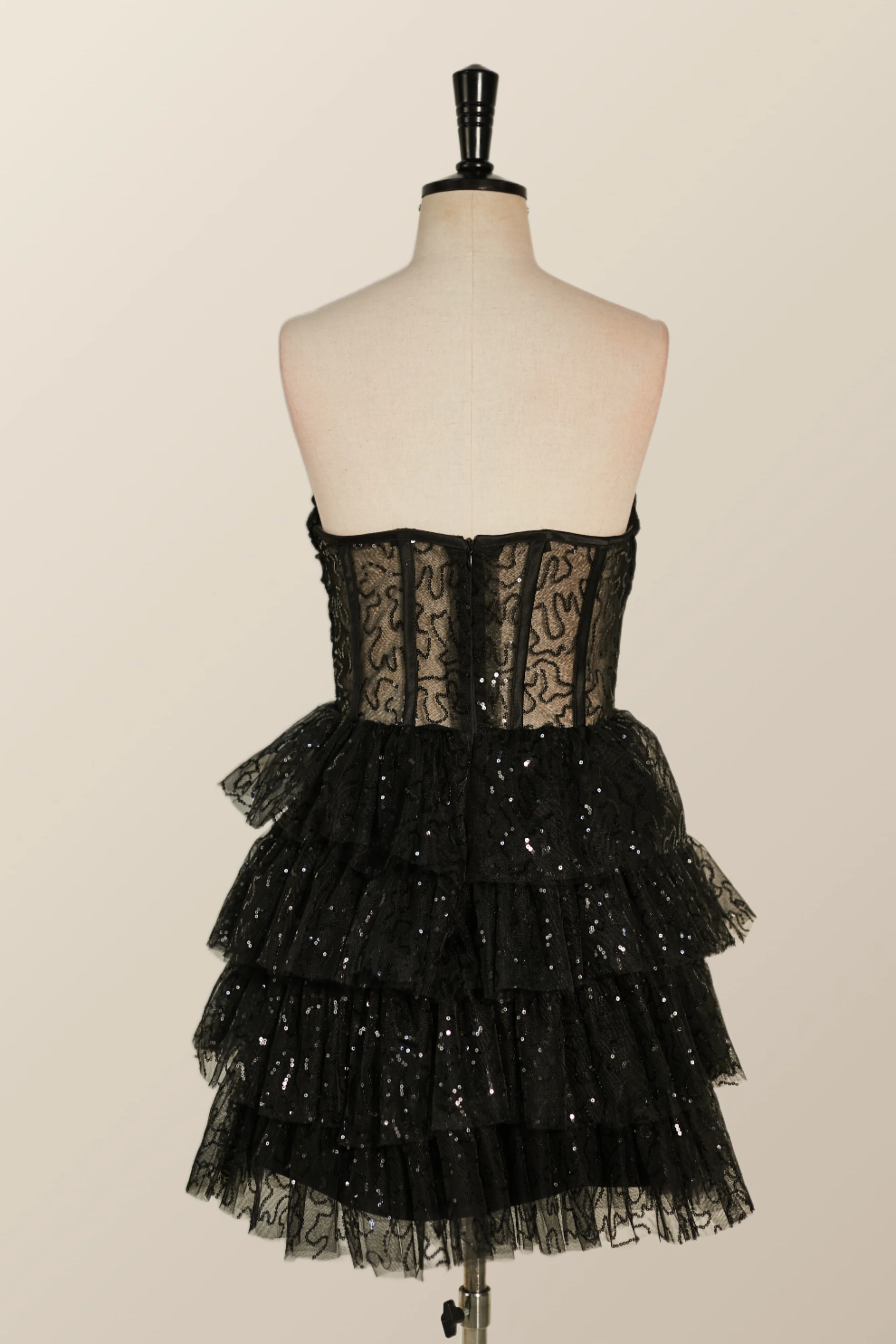 Strapless Black Illusion Ruffles A-line Short Dress - Image 2
