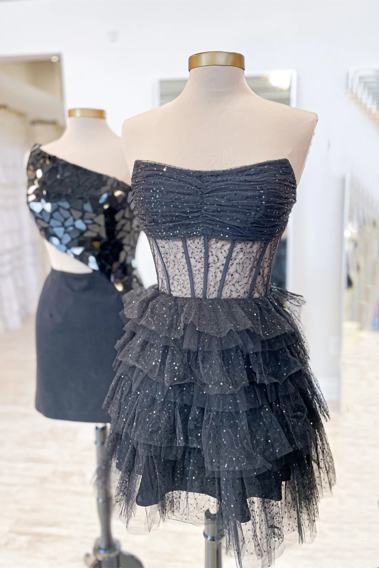 Strapless Black Illusion Ruffles A-line Short Dress - Image 3