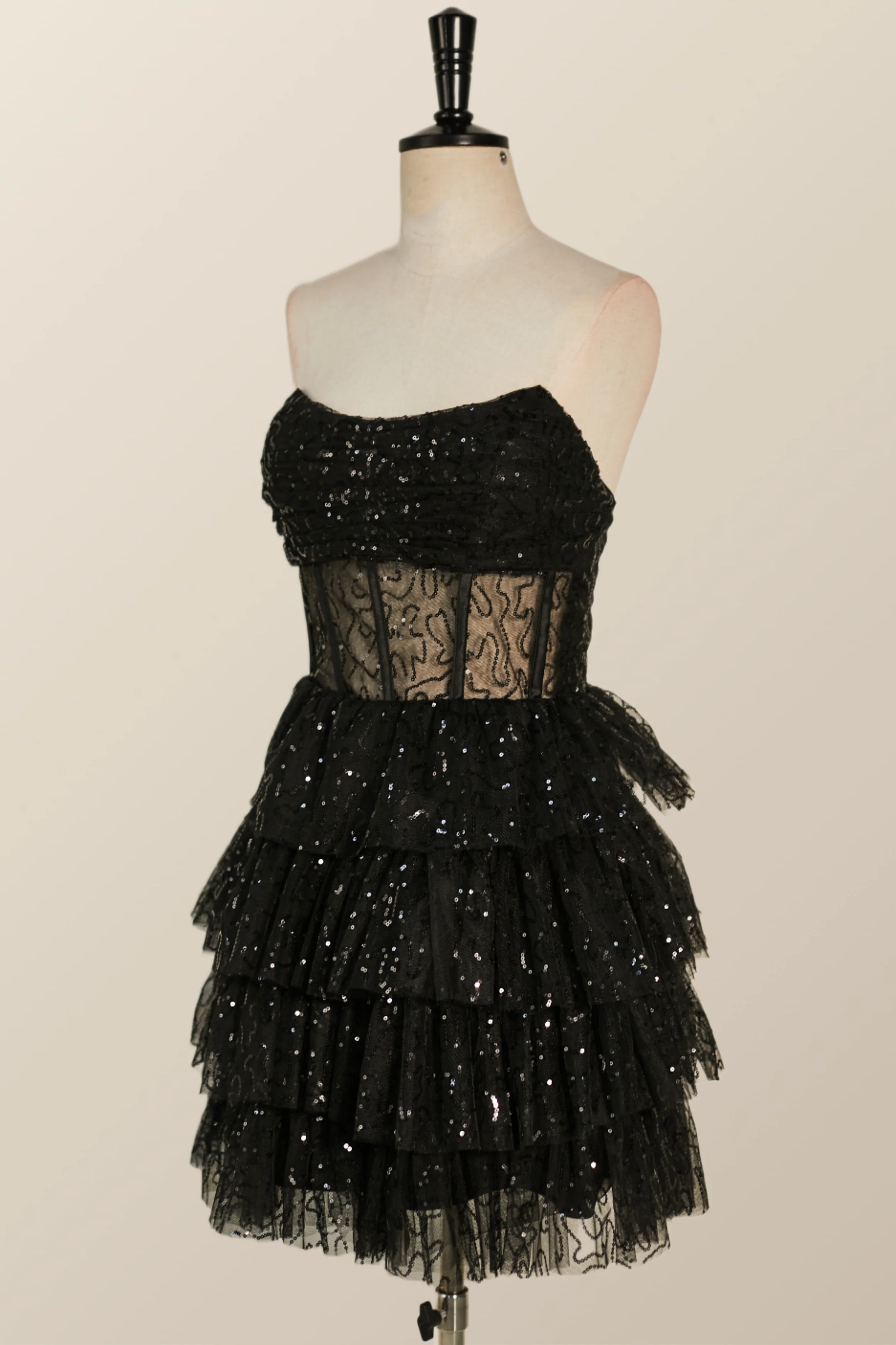 Strapless Black Illusion Ruffles A-line Short Dress - Image 4