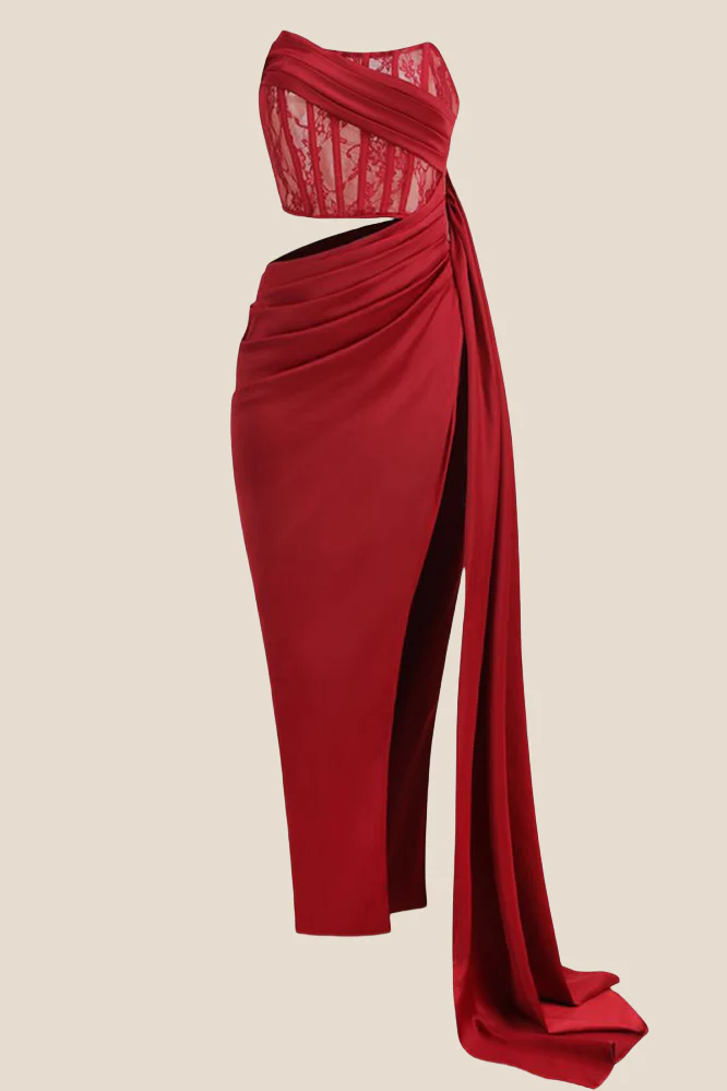Strapless Black Lace Ruched Long Dress with Slit - Image 13
