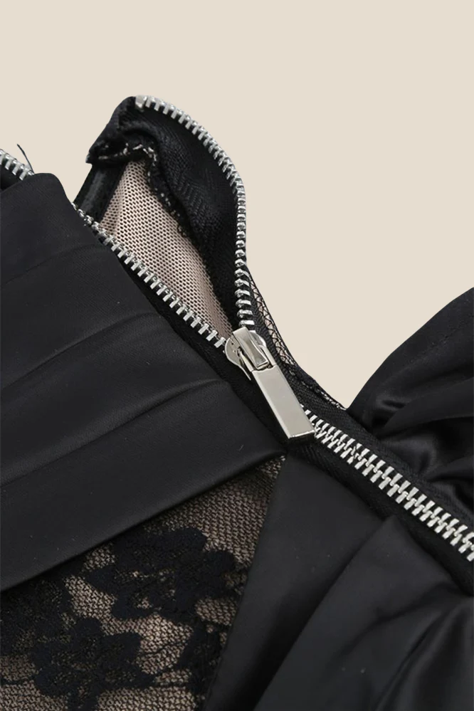 Strapless Black Lace Ruched Long Dress with Slit - Image 9