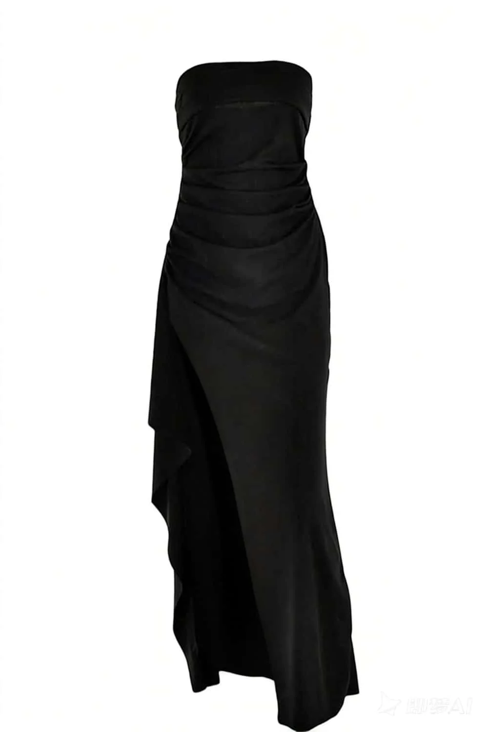 Strapless Black Ruched Long Dress with Slit