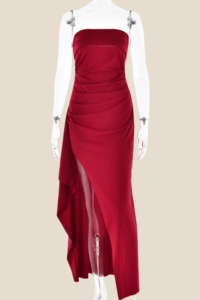 Strapless Black Ruched Long Dress with Slit - Image 10