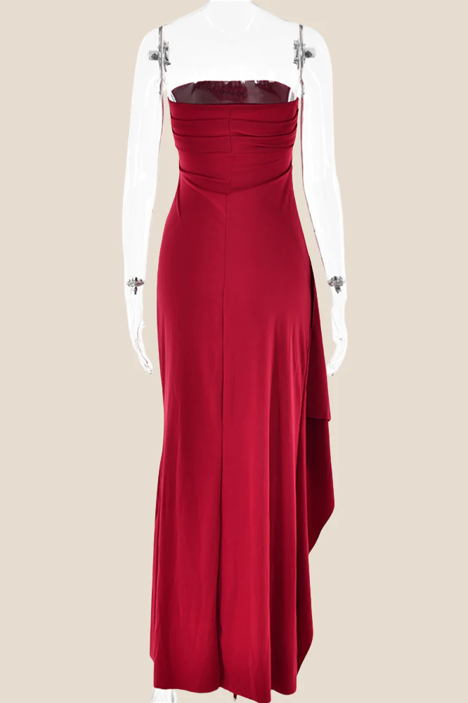Strapless Black Ruched Long Dress with Slit - Image 11