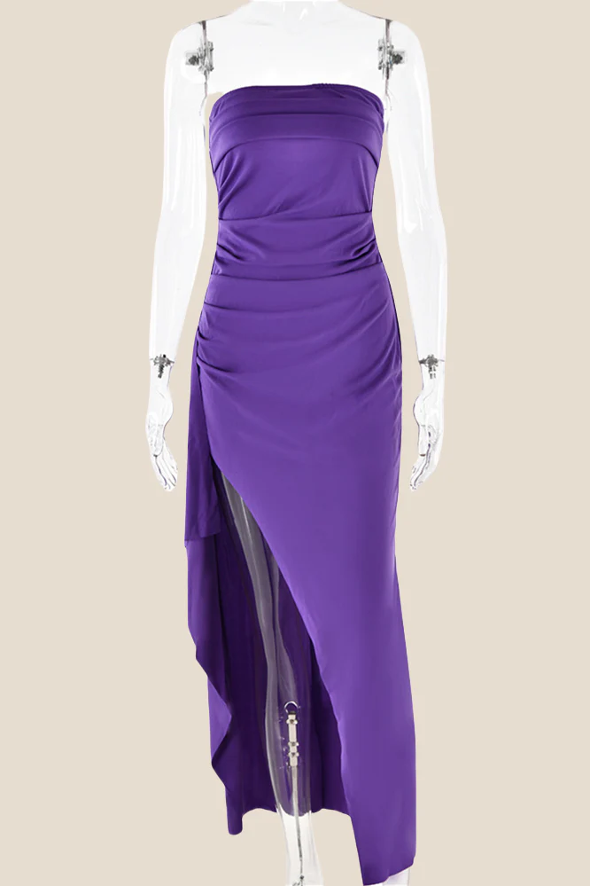 Strapless Black Ruched Long Dress with Slit - Image 12