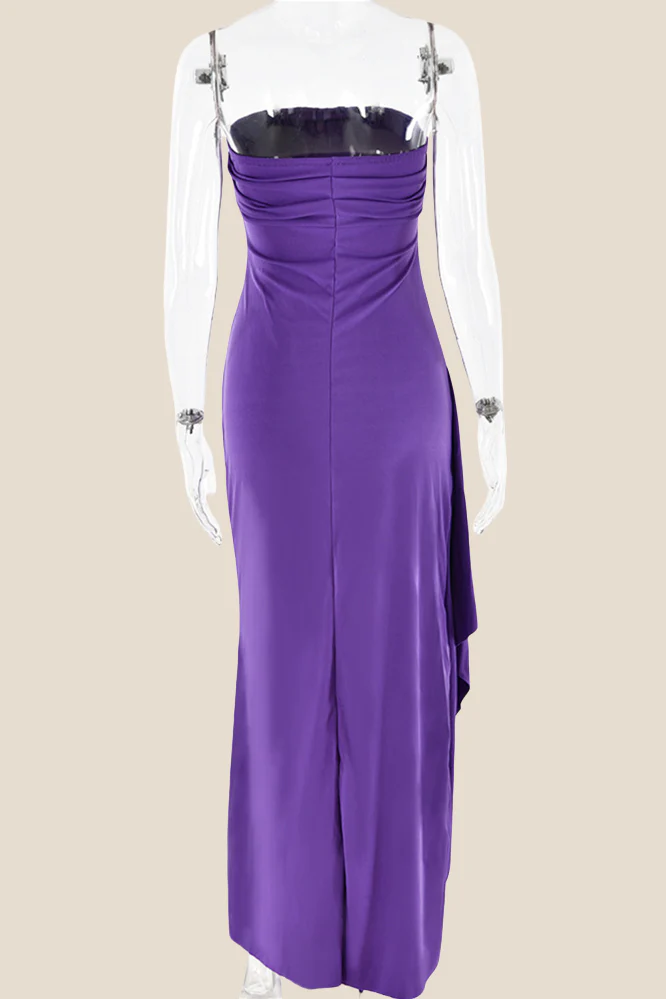 Strapless Black Ruched Long Dress with Slit - Image 13