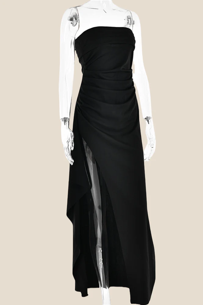 Strapless Black Ruched Long Dress with Slit - Image 14