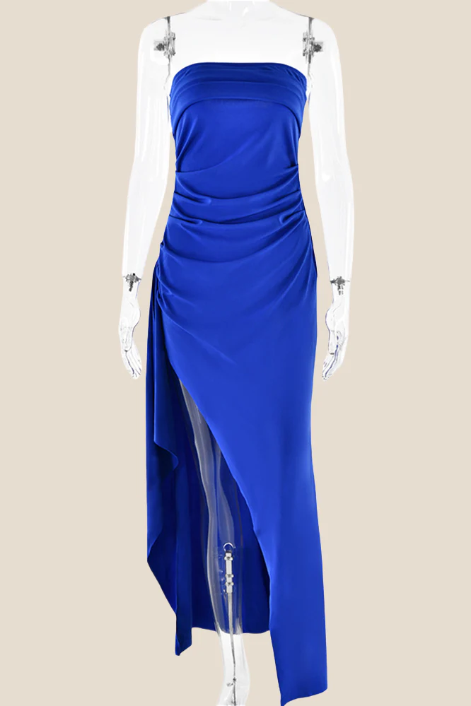 Strapless Black Ruched Long Dress with Slit - Image 15