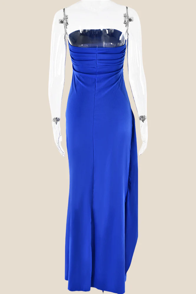 Strapless Black Ruched Long Dress with Slit - Image 16