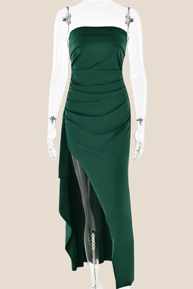 Strapless Black Ruched Long Dress with Slit - Image 17