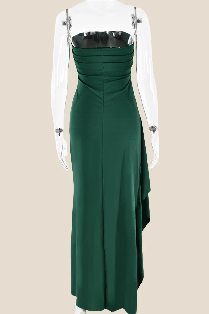 Strapless Black Ruched Long Dress with Slit - Image 18