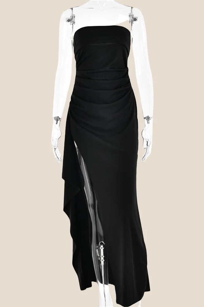 Strapless Black Ruched Long Dress with Slit - Image 2
