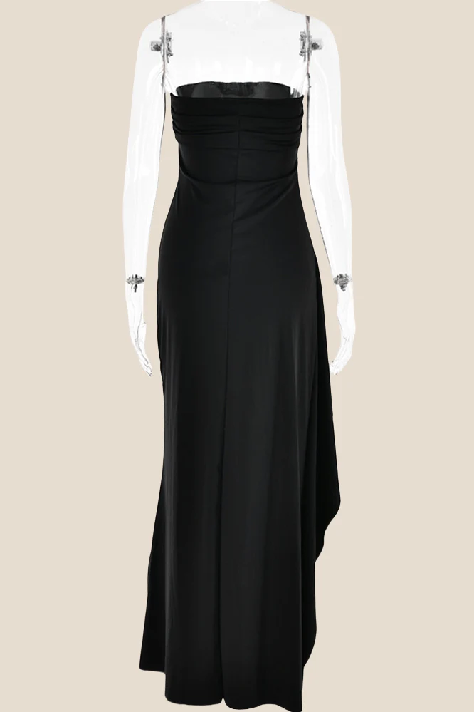 Strapless Black Ruched Long Dress with Slit - Image 3