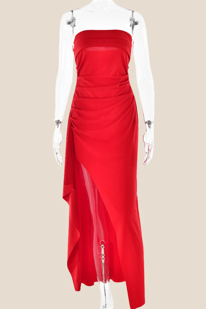 Strapless Black Ruched Long Dress with Slit - Image 6