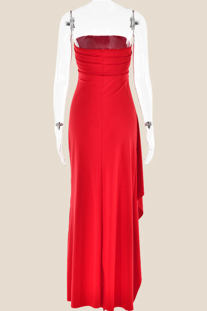 Strapless Black Ruched Long Dress with Slit - Image 7