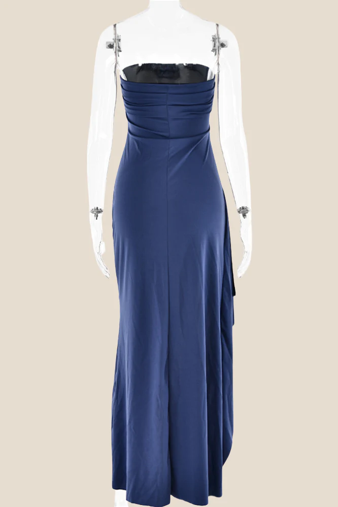 Strapless Black Ruched Long Dress with Slit - Image 9