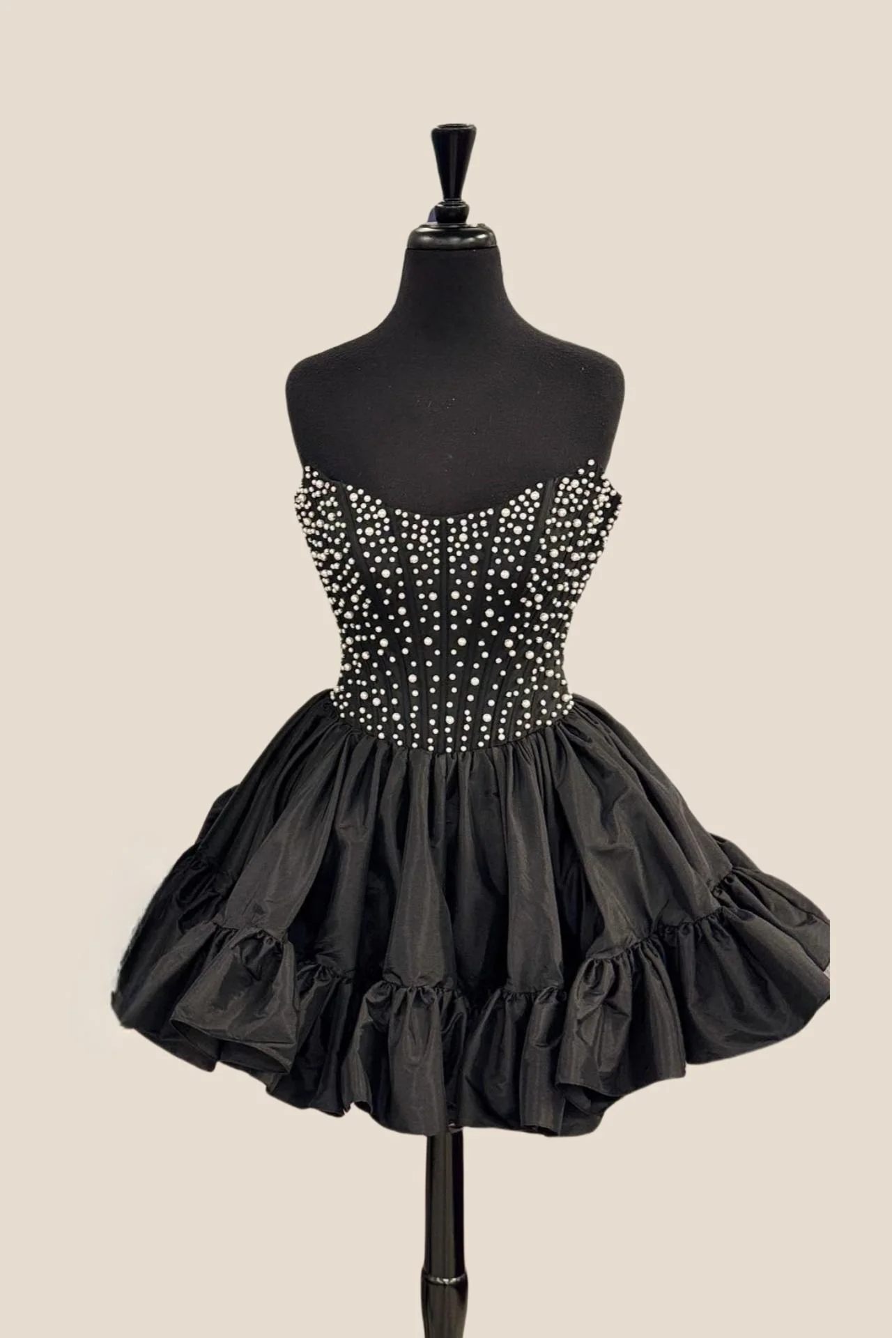 Strapless Black Ruffle Hem Short Dress with Pearls