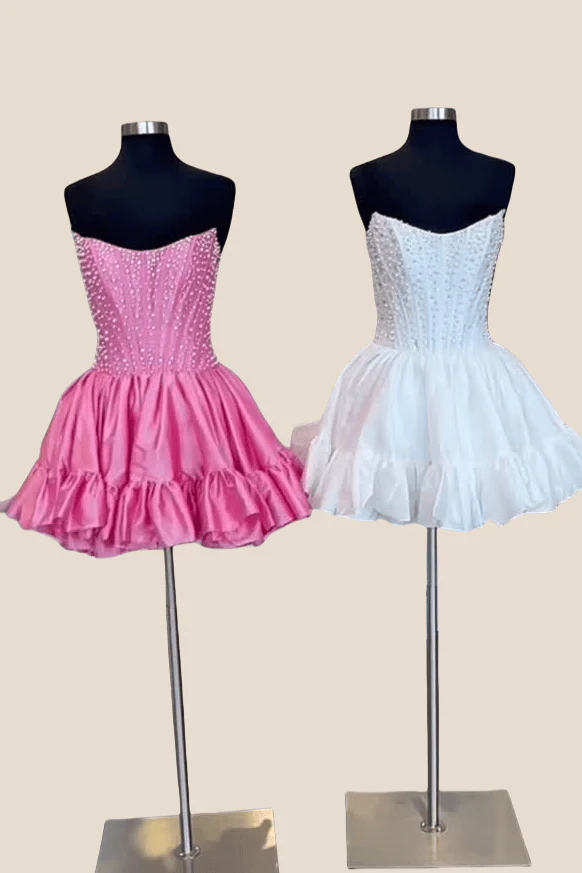 Strapless Black Ruffle Hem Short Dress with Pearls - Image 5