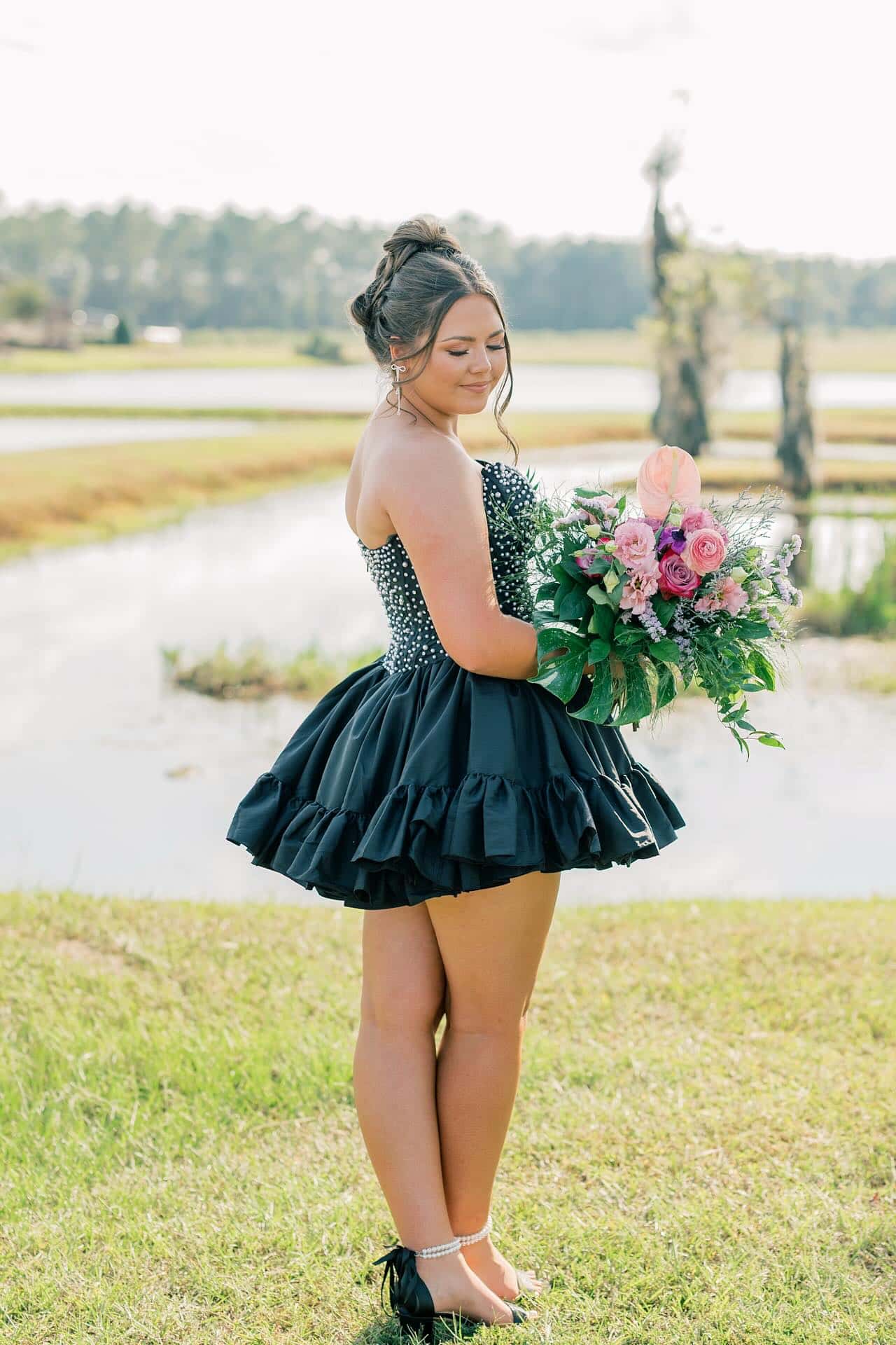 Strapless Black Ruffle Hem Short Dress with Pearls - Image 6