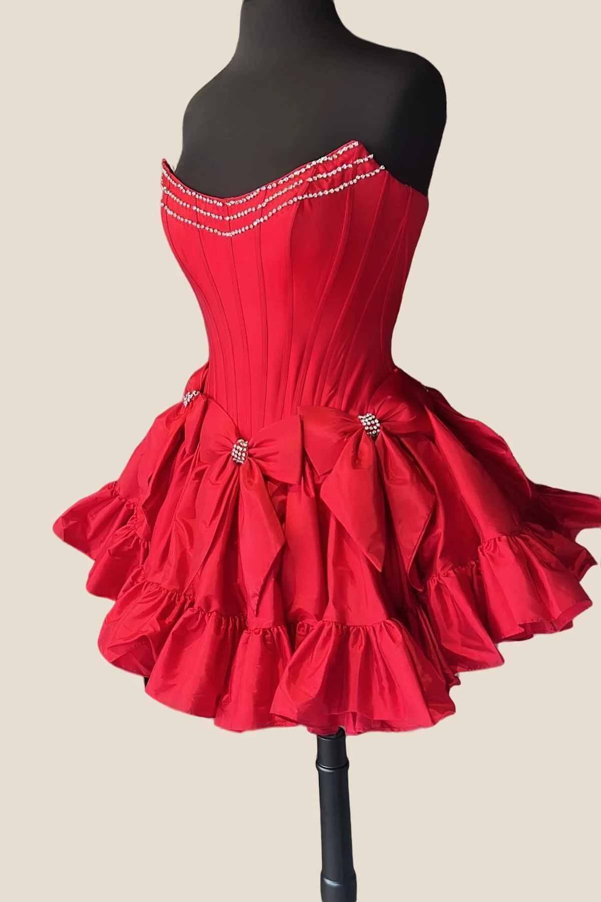Strapless Black Ruffle Short Dress with Bow - Image 6