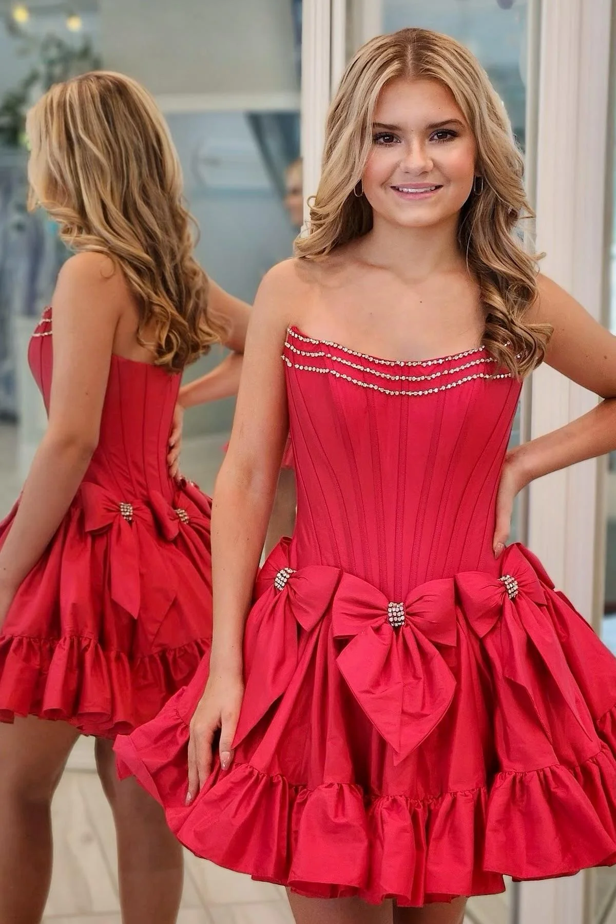 Strapless Black Ruffle Short Dress with Bow - Image 7