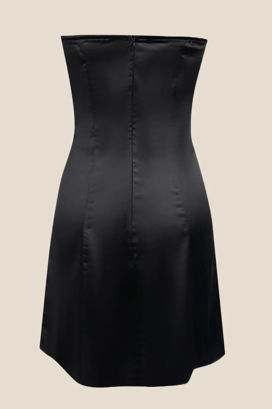 Strapless Black Satin A-line Short Dress with Bow - Image 2