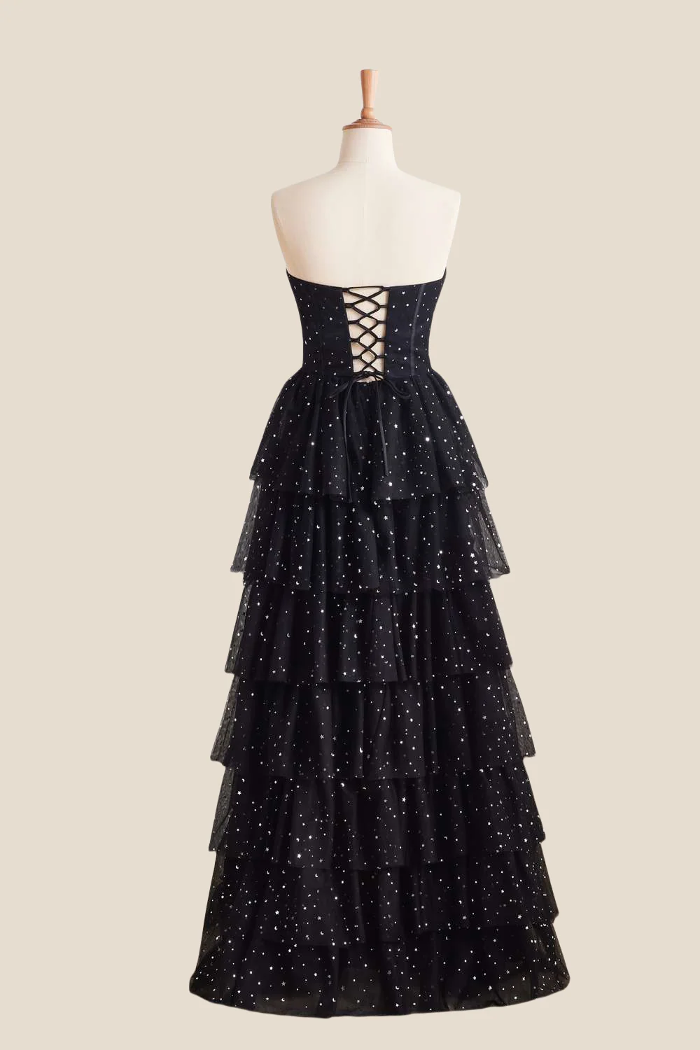 Strapless Black Stars Tiered Tulle Long Dress - Image 2
