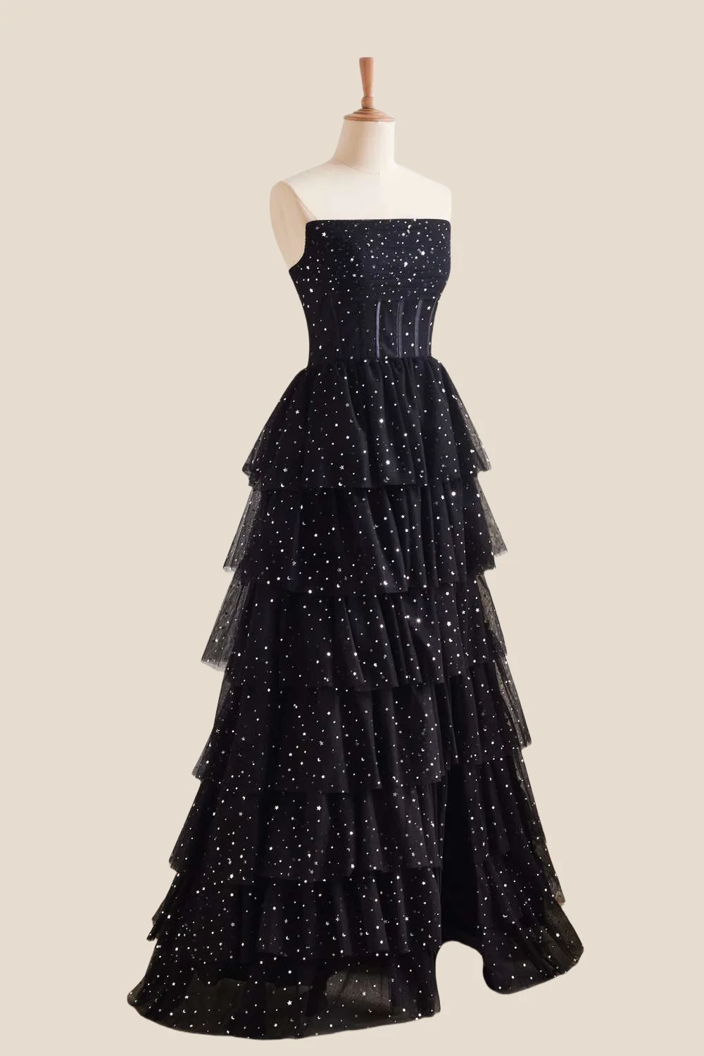 Strapless Black Stars Tiered Tulle Long Dress - Image 3
