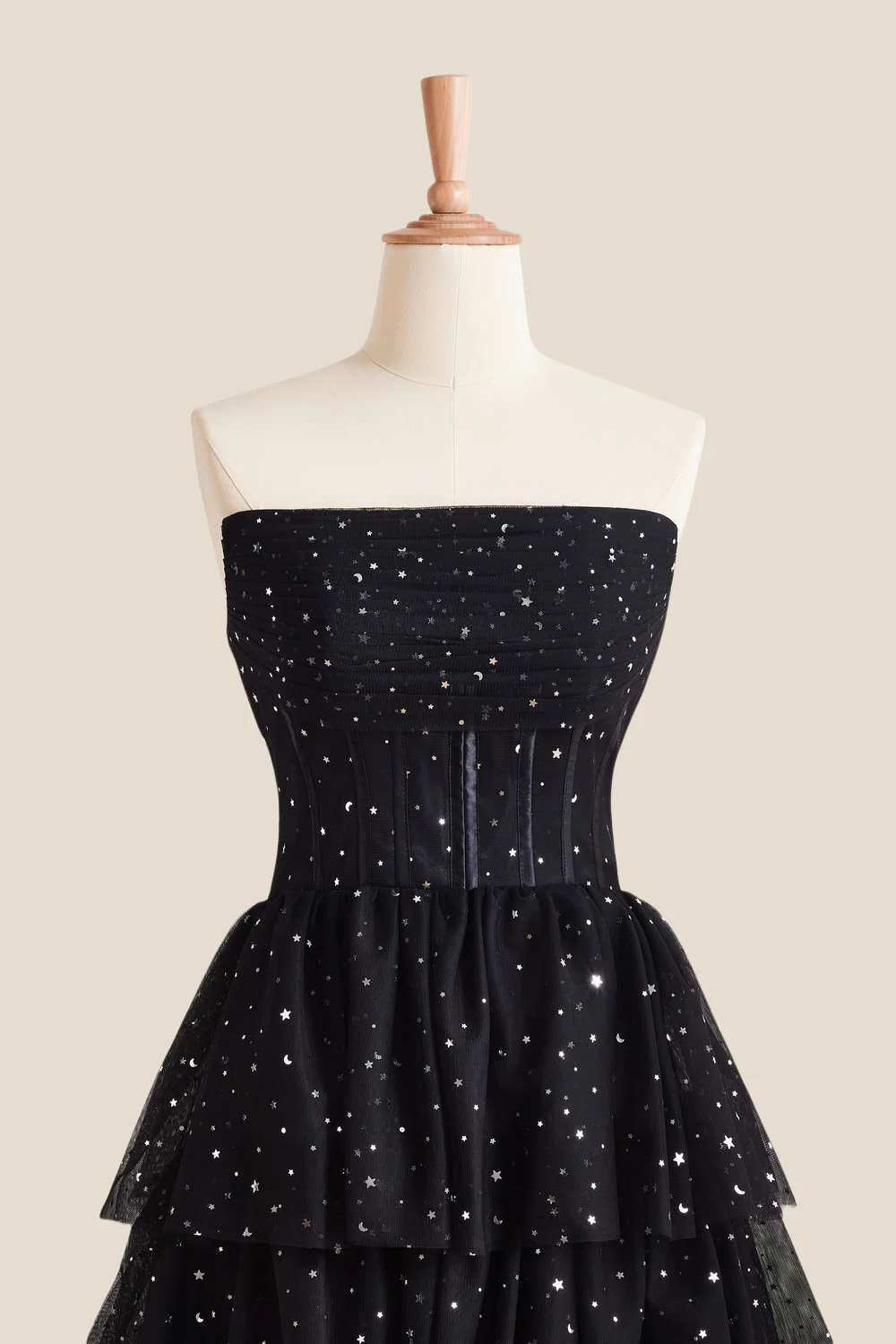 Strapless Black Stars Tiered Tulle Long Dress - Image 4