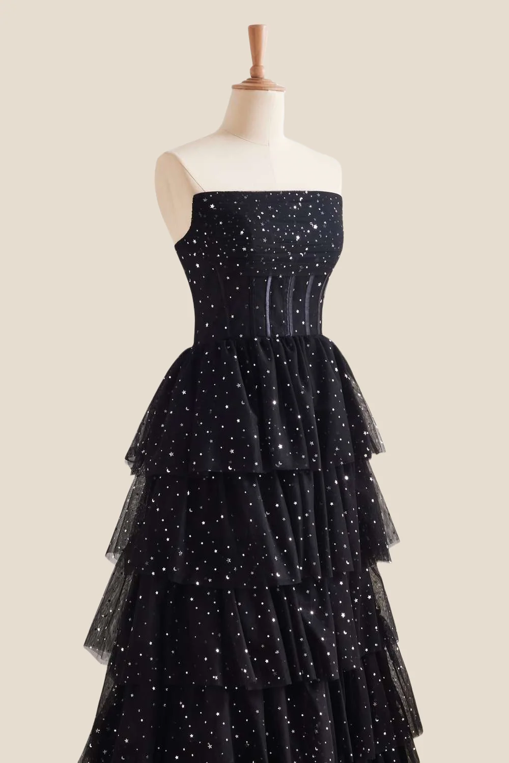 Strapless Black Stars Tiered Tulle Long Dress - Image 6